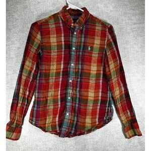 Ralph Lauren Womens Small Madras Red Plaid Linen Button Up Shirt Long Sleeve
